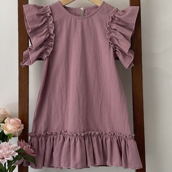 CUZIBR Girls Summer Floral Dresses Large Sized Round Neck Ruffled Sleeveless Loose Fit Relaxed Flowing Breathable Tiered Casual Long Dress Lightweight Soft Clothes,Purple,6-12 Months