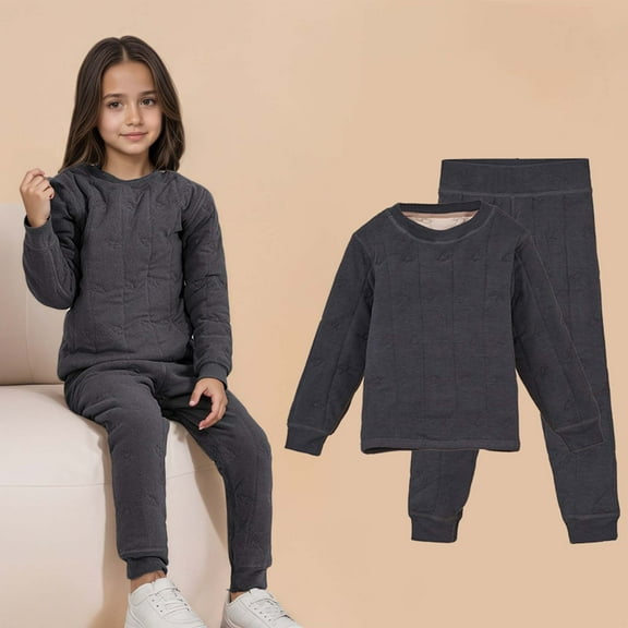 CUZIBR Girls Thermal Underwear Winter Outfits Wool Thick Lined Warm Long Sleeve Round Neck Pullover Top And Pants Comfy Loungewear Outwear Streetwear,Black,3-4 Years