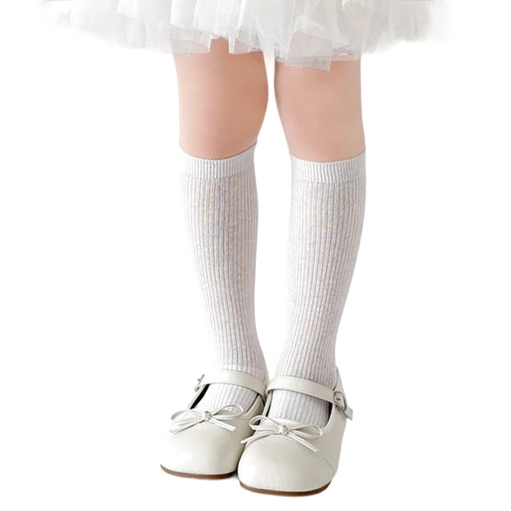 CUZIBR Girls Thigh High Socks Solid Color Ribbed Knit Long Tube Knee Length Stockings Soft Comfortable Classic School Uniform Breathable Lightweight Leggings Dailywear,White,3-5 Years