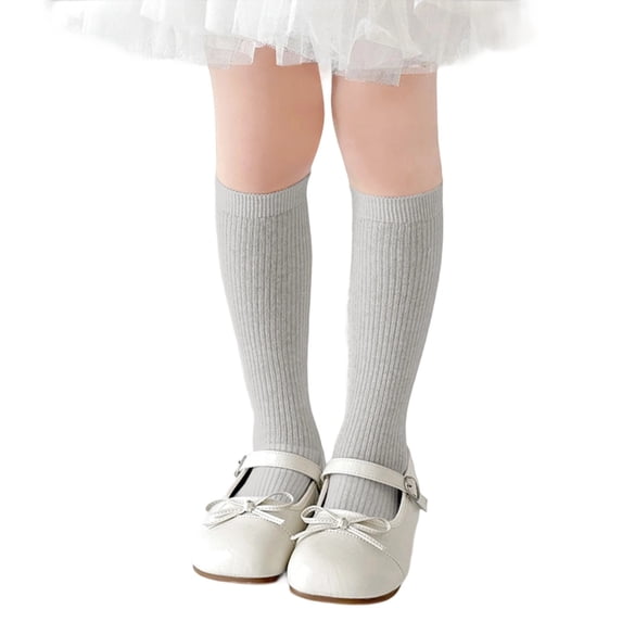 CUZIBR Girls Thigh High Socks Solid Color Ribbed Knit Long Tube Knee Length Stockings Soft Comfortable Classic School Uniform Breathable Lightweight Leggings Dailywear,Grey,5-8 Years