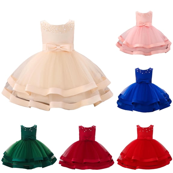CUZIBR Girls Toddler Baby Party Dresses Solid Color Sleeveless Crewneck Cute Bow Glitter Tiered Layered Mesh Tutu Dress A-Line Wedding Birthday Pageant Princess Formal Gown,Rose Gold,12-18 Months
