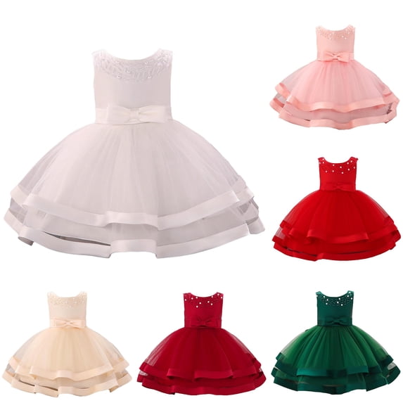 CUZIBR Girls Toddler Baby Party Dresses Solid Color Sleeveless Crewneck Cute Bow Glitter Tiered Layered Mesh Tutu Dress A-Line Wedding Birthday Pageant Princess Formal Gown,White,3-6 Months