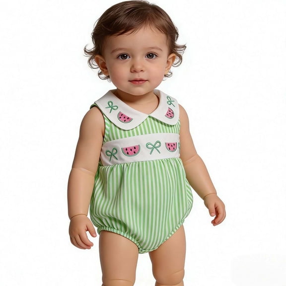 CUZIBR Girls Toddler Baby Romper Clothes Sets One Piece Ruffles Crewneck Sleeveless Striped Cartoon Watermelon Embroidery Bodysuits Cut Jumpsuit Summer Soft Trendy Clothes,Green,12-18 Months