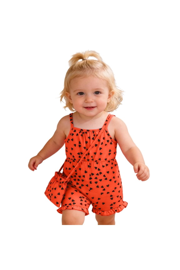 Girls Toddler Baby Summer Romper Outfits Spaghetti Strap Square Collar Heart Print Sleeveless Onesie Jumpsuit Overall With Cute Bag Holiday Clothes Sets Trendy Clothes,Orange,18-24 Months