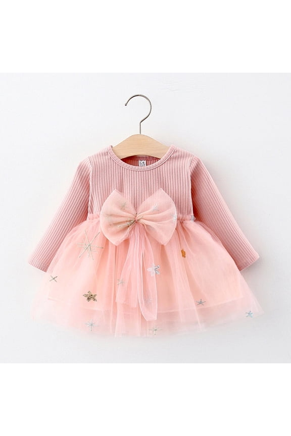 Girls Toddler Birthday Dresses Elegant Solid Color Ribbed Knitted Patchwork Embroidery Crewneck Long Sleeve Dress Fairy Tiered Layered Tutu Tulle Ball Gowns Princess Dresses,Pink,12-18 Months
