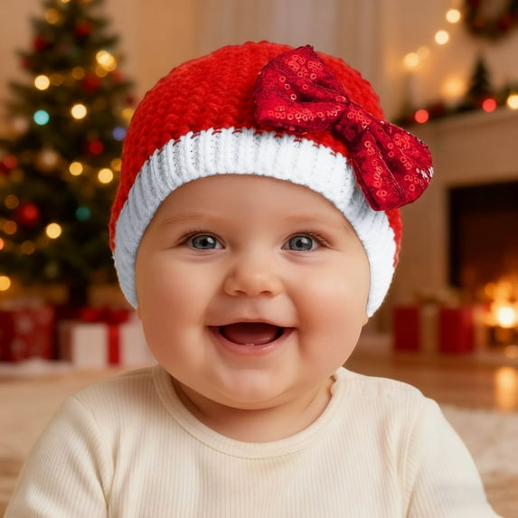 CUZIBR Girls Toddler Christmas Hat Knit Warm Soft Color Block Cute Deer Bow Pattern Toddler Stylish Beanie Cap,Red,One Size