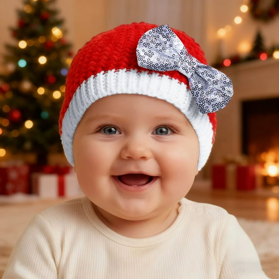 CUZIBR Girls Toddler Christmas Hat Knit Warm Soft Color Block Cute Deer Bow Pattern Toddler Stylish Beanie Cap,White,One Size