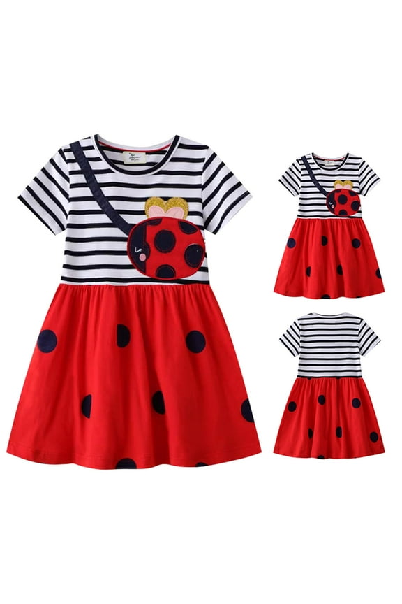Girls Toddler Dresses Cute Cartoon Animal Print Embroidery Short Sleeve Classic Striped Crewneck Casual Polka Dot Print Loose Fit Fashionable Patchwork Daily Wear Mid Dresses,Red,5 Years