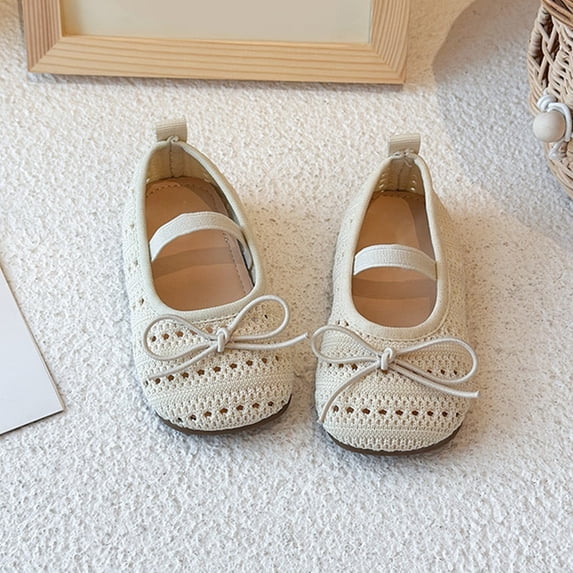 CUZIBR Girls Toddler Fashion Sandals Hollow Out Knitted Cute Bow Elastic Strap Solid Color Breathable Summer Shoes Casual Comfortable Lightweight Baby Closed Toe Sneaker Footwear,Beige,15-18 Months
