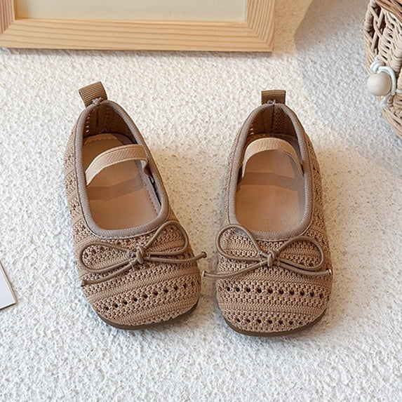 CUZIBR Girls Toddler Fashion Sandals Hollow Out Knitted Cute Bow Elastic Strap Solid Color Breathable Summer Shoes Casual Comfortable Lightweight Baby Closed Toe Sneaker Footwear,Khaki,2.5-3 Years