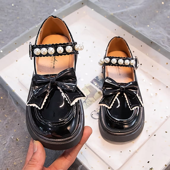 CUZIBR Girls Toddler Princess Sandals Sparkly Leather Cute Bow Pearl Adjustable Strap Mary Jean Dress Shoes Thick Soles Soft Casual Fashion Party Wedding Birthday Footwear,Black,3.5-4 Years