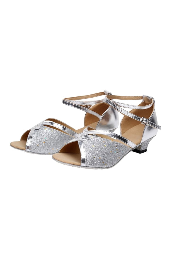 Girls Toddler Sandals Dancewear Cross Strap Soft Sole Latin Dance Shoes Performance Low Heels Tango Salsa Ballroom Shoes Sparkly Adjustable Strap Comfy Footwear,Silver,11-11.5 Years
