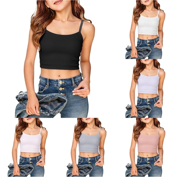 CUZIBR Girls Toddler Soft Underwear Tank Top Slim Fit Crop Cami Spaghetti Strap Sleeveless Basic Casual Short Camisole Summer Layering Camisole,Black,7-9 Years