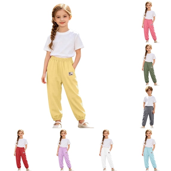 CUZIBR Girls Toddler Summer Pants Elastic Ankle Jogger Pants With Cute Patch Side Pockets Solid Color Loose Lightweight Outdoor Play Beach Trousers For Kids,Yellow,6-7 Years