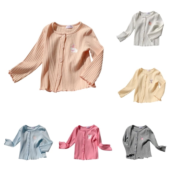 CUZIBR Girls Tops Crewneck Cartoon Pattern Knitted Cardigan Long Sleeve Autumn Sweater Coat Cute Toddler Soft Comfortable Tees Dailywear,Pink,5-6 Years