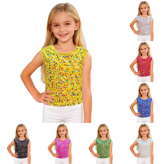 CUZIBR Girls Tops Crewneck Leopard Glitter Sleeveless Tank Top For Kindergarten Photography Stage Performance Casual Play Lightweight Summer Tee Dailywear,Yellow,160cm