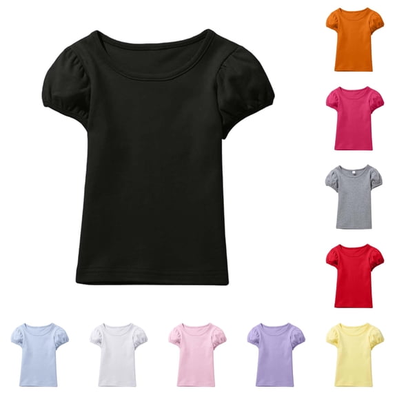 CUZIBR Girls Tops Crewneck Solid Color Soft Short Sleeve T Shirt Cute Puff Sleeve Comfortable Casual For Toddler Kids Holiday Tee Dailywear,Black,13-14 Years