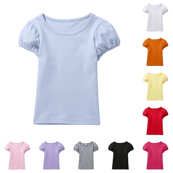 CUZIBR Girls Tops Crewneck Solid Color Soft Short Sleeve T Shirt Cute Puff Sleeve Comfortable Casual For Toddler Kids Holiday Tee Dailywear,Blue,3-4 Years
