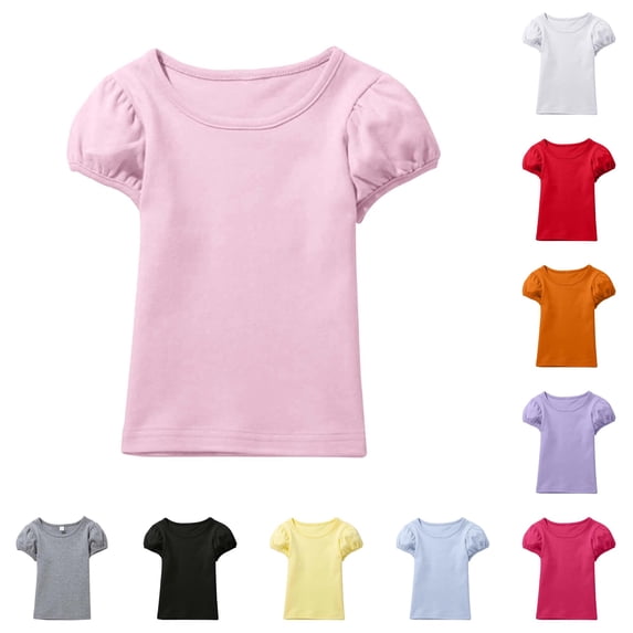CUZIBR Girls Tops Crewneck Solid Color Soft Short Sleeve T Shirt Cute Puff Sleeve Comfortable Casual For Toddler Kids Holiday Tee Dailywear,Pink,12-13 Years