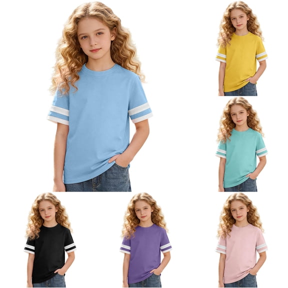 CUZIBR Girls Tops Crewneck Striped Short Sleeve T Shirt Soft Blend Casual Comfort Fit Lightweight Breathable School Tee Dailywear,Sky Blue,12-13 Years