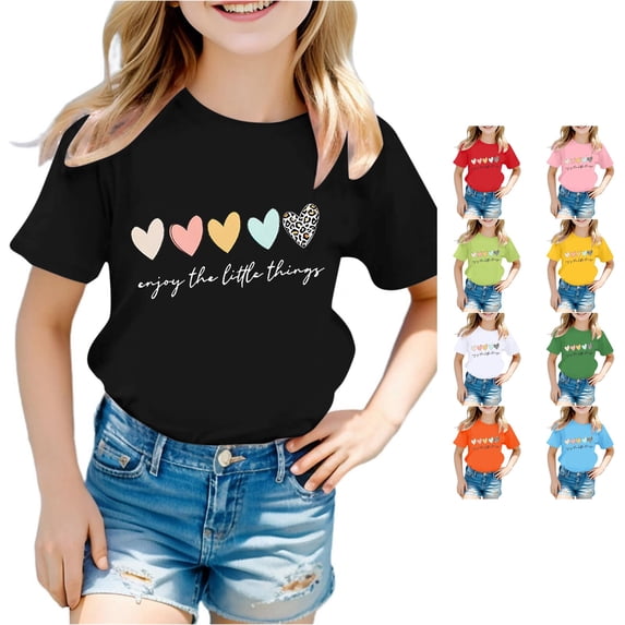 CUZIBR Girls Tops Cute Graphic Print Round Neck Short Sleeve Summer Casual T Shirt Comfortable Basic Tees Dailywear,Black,8-9 Years