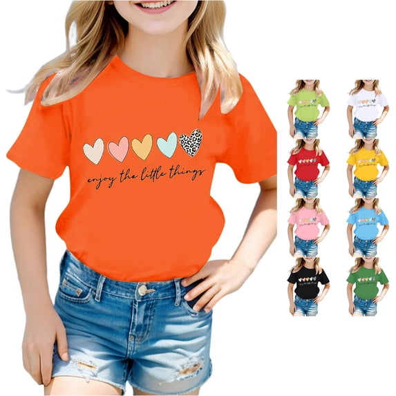 CUZIBR Girls Tops Cute Graphic Print Round Neck Short Sleeve Summer Casual T Shirt Comfortable Basic Tees Dailywear,Orange,8-9 Years