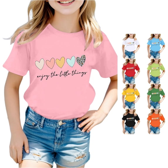 CUZIBR Girls Tops Cute Graphic Print Round Neck Short Sleeve Summer Casual T Shirt Comfortable Basic Tees Dailywear,Pink,3-4 Years