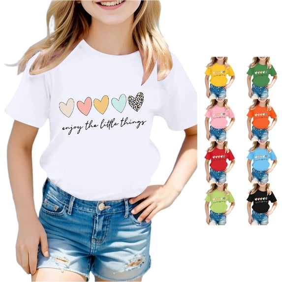 CUZIBR Girls Tops Cute Graphic Print Round Neck Short Sleeve Summer Casual T Shirt Comfortable Basic Tees Dailywear,White,8-9 Years