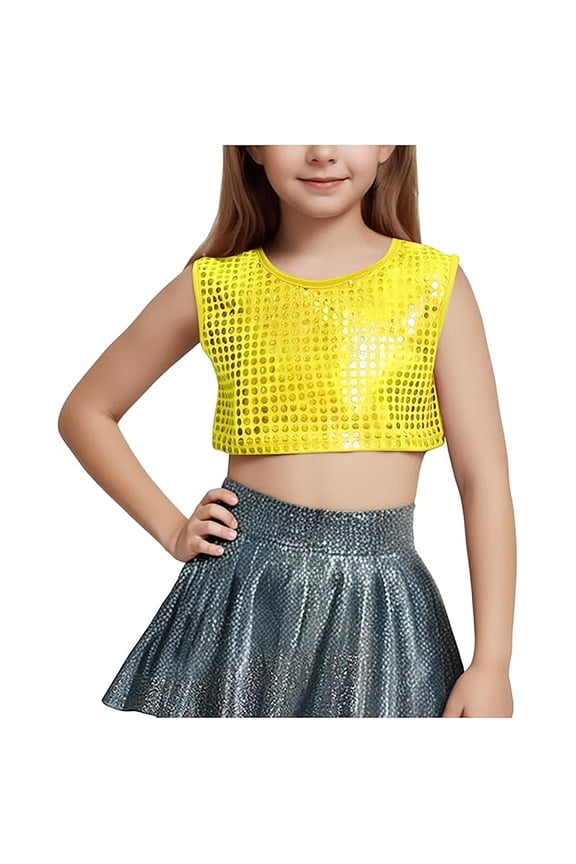 Girls Tops Fashion Show Sequins Crop Top Reound Neck Sleeveless Tank Top Gradient Shiny Stretch Performance Dancewear Athletic Baggy Tops,Gold,11-14 Years