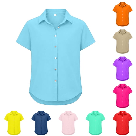 CUZIBR Girls Tops Lapel Collar solid Color Comfort Kids Short Sleeve Shirt Elegant Back To School Everyday Wear Lightweight Breathable Tee,Light Blue,13-14 Years