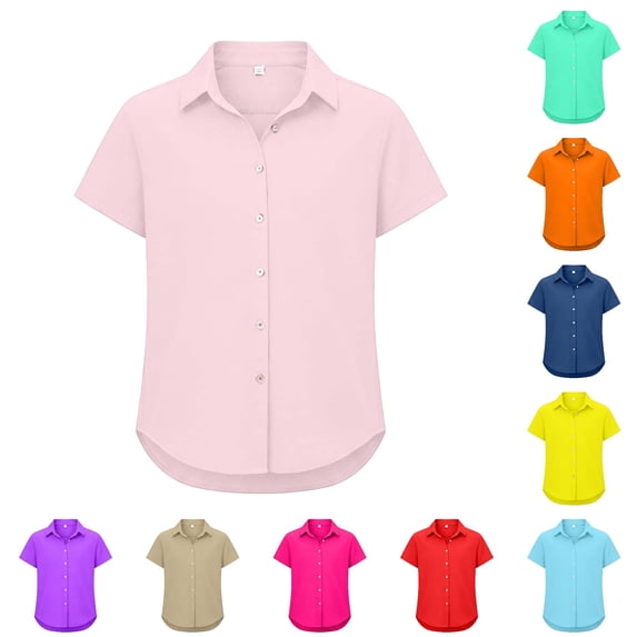 CUZIBR Girls Tops Lapel Collar solid Color Comfort Kids Short Sleeve Shirt Elegant Back To School Everyday Wear Lightweight Breathable Tee,Light Pink,11-12 Years