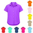 thumbnail image 1 of CUZIBR Girls Tops Lapel Collar solid Color Comfort Kids Short Sleeve Shirt Elegant Back To School Everyday Wear Lightweight Breathable Tee,Purple,13-14 Years, 1 of 4