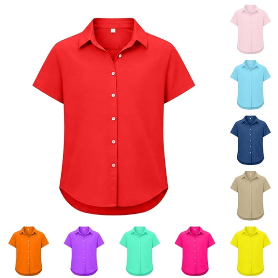 CUZIBR Girls Tops Lapel Collar solid Color Comfort Kids Short Sleeve Shirt Elegant Back To School Everyday Wear Lightweight Breathable Tee,Red,7-8 Years