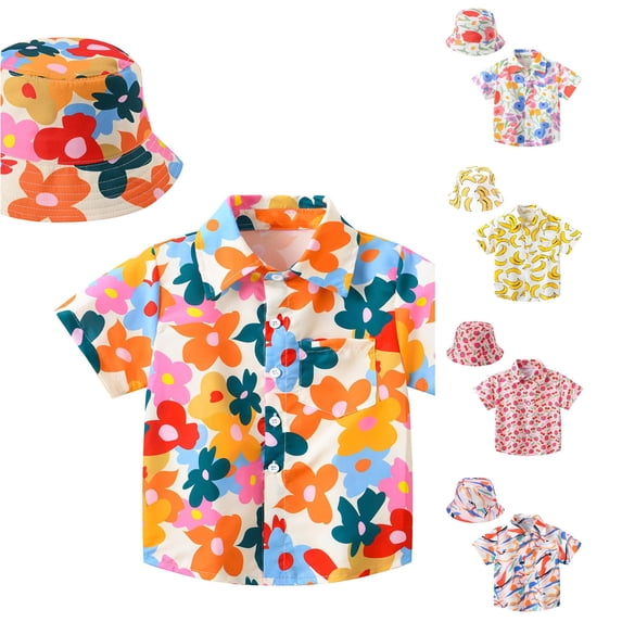 CUZIBR Girls Tops Lapel Toddler Short Sleeve Summer Casual Cartoon Prints Gentleman Hawaii Beach Holiday Floral Shirts Hat Set Tee Dailywear,Orange,2-3 Years