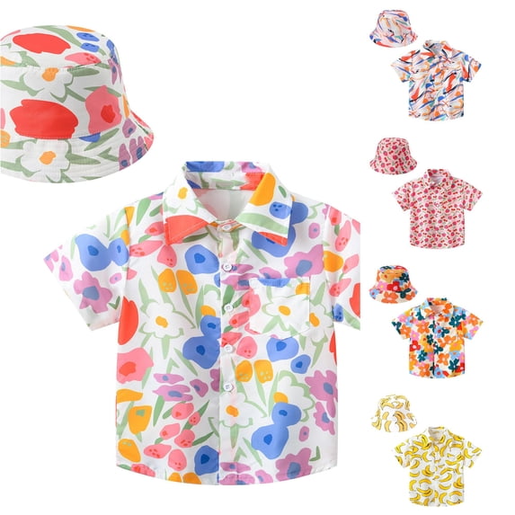 CUZIBR Girls Tops Lapel Toddler Short Sleeve Summer Casual Cartoon Prints Gentleman Hawaii Beach Holiday Floral Shirts Hat Set Tee Dailywear,White,12-18 Months
