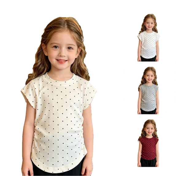 CUZIBR Girls Tops Polka Dot Short Sleeve T Shirt Ruched Lightweight Comfortable Toddler Round Neck Summer Basic Tee,Beige,2-3 Years