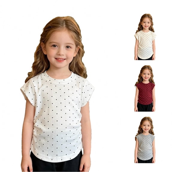CUZIBR Girls Tops Polka Dot Short Sleeve T Shirt Ruched Lightweight Comfortable Toddler Round Neck Summer Basic Tee,White,6-7 Years