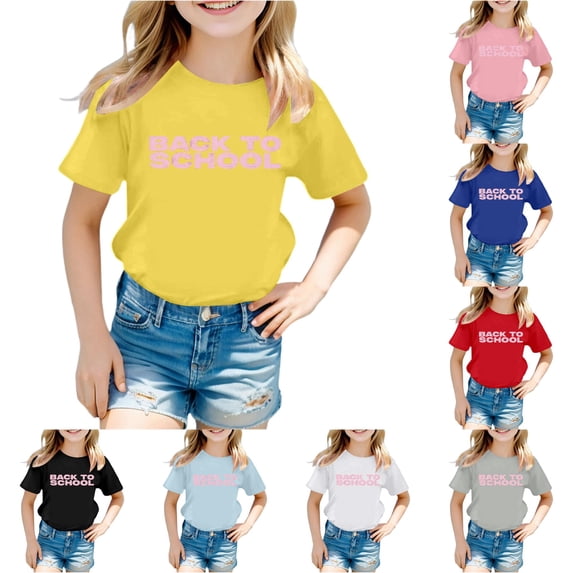 CUZIBR Girls Tops Short Sleeve Crewneck Letter Print Stylish Loose Fit Shirts For Ages 3 16 Summer Fall Lightweight Breathable Back To School Tee Dailywear,Yellow,3-4 Years