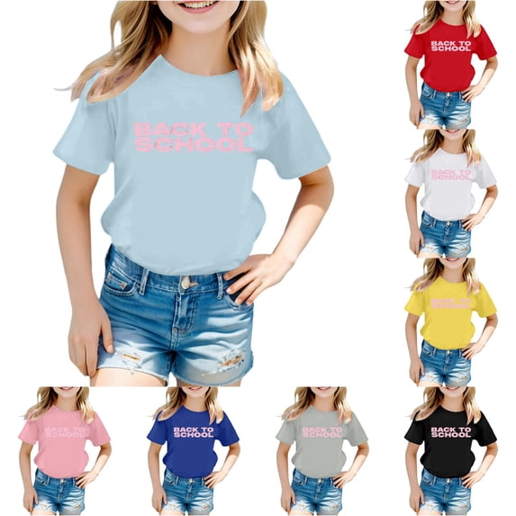 CUZIBR Girls Tops Short Sleeve Crewneck Letter Print Stylish Loose Fit Shirts For Ages 3 16 Summer Fall Lightweight Breathable Back To School Tee Dailywear,Light Blue,11-12 Years