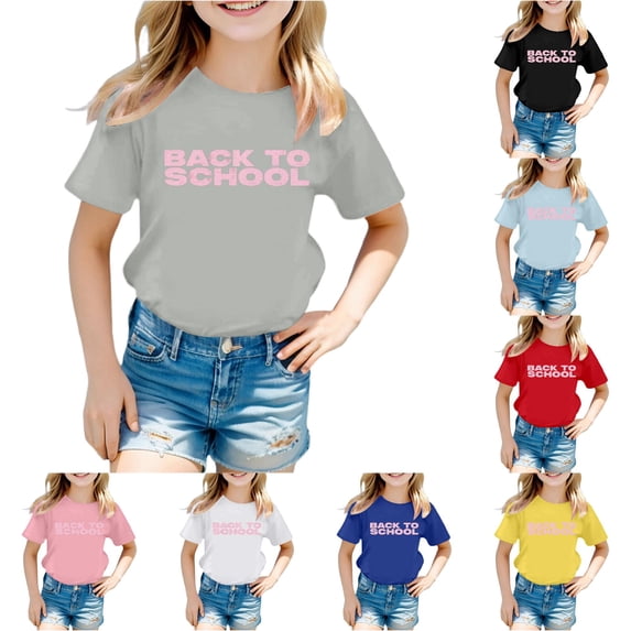 CUZIBR Girls Tops Short Sleeve Crewneck Letter Print Stylish Loose Fit Shirts For Ages 3 16 Summer Fall Lightweight Breathable Back To School Tee Dailywear,Light Gray,1-2 Years