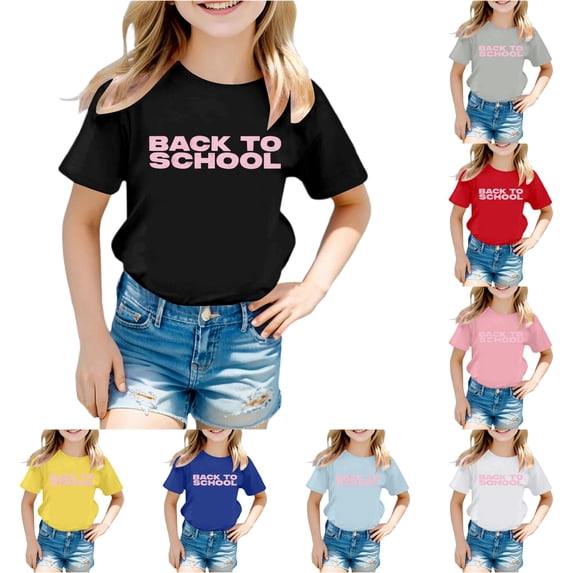 CUZIBR Girls Tops Short Sleeve Crewneck Letter Print Stylish Loose Fit Shirts For Ages 3 16 Summer Fall Lightweight Breathable Back To School Tee Dailywear,Black,5-6 Years