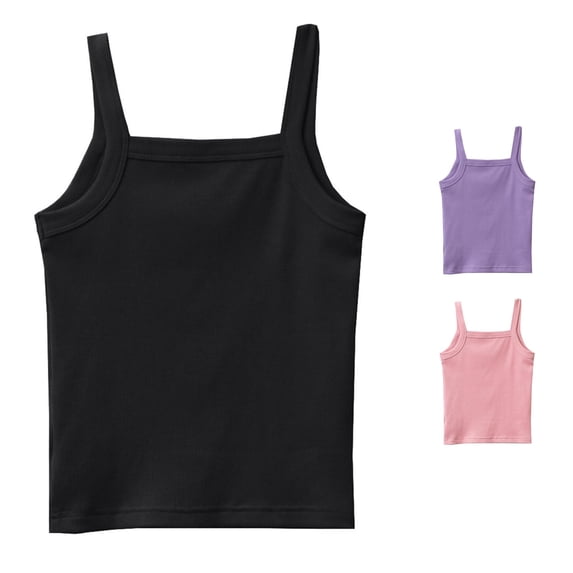 CUZIBR Girls Tops Sleeveless Tank Top Square Collar Spaghetti Strap Solid Color Undershirt Tank Soft Comfortable Ribbed Knit Tee Dailywear,Black,9-10 Years