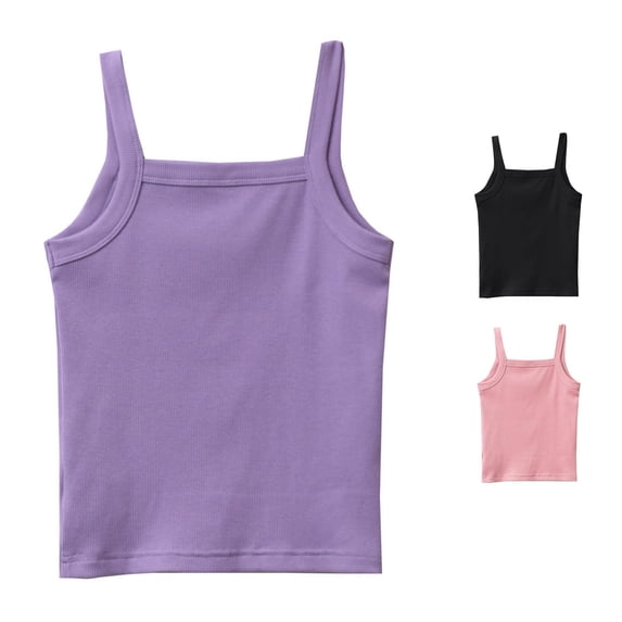 CUZIBR Girls Tops Sleeveless Tank Top Square Collar Spaghetti Strap Solid Color Undershirt Tank Soft Comfortable Ribbed Knit Tee Dailywear,Purple,7-8 Years