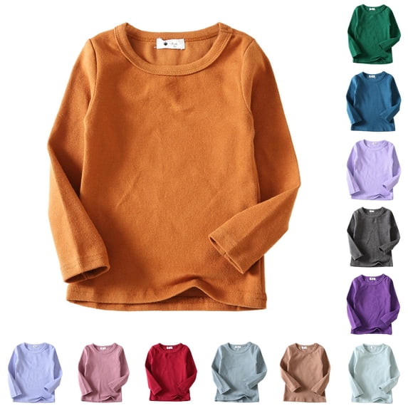 CUZIBR Girls Tops Solid Color Baby Shirts Crewneck Soft Fashion Comfortable T Shirt Unisex Long Sleeve Tee Dailywear,Orange,3-4 Years