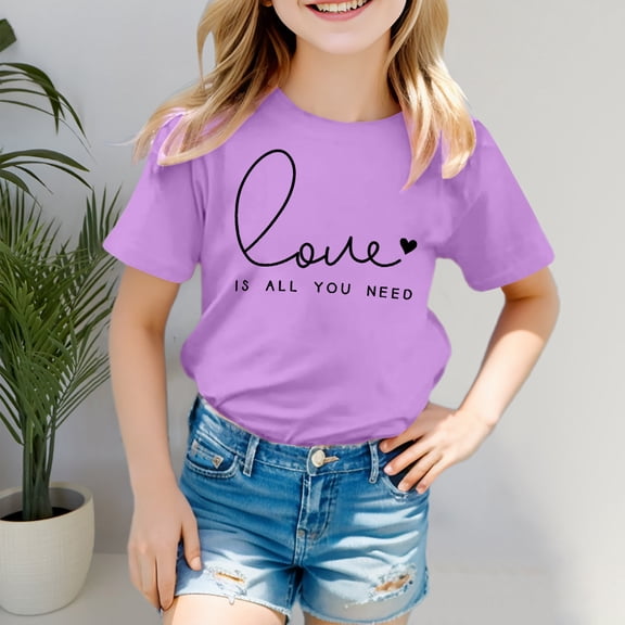CUZIBR Girls Tops Valentines Letter Print Short Sleeve Tee Shirts Classic Round Neck Cozy Soft Dailywear Fitted Blouse,Purple,8-9 Years