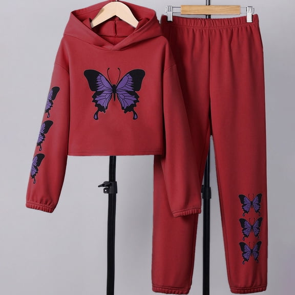 CUZIBR Girls Tracksuit Butterflies Print Long Sleeve Hoodie Pullover Sweatshirt Wide Leg Trousers Sweatpants For Teens Youth Stylish Sweat Suits 2 Piece Outfits Set Spring Fall Clothes,Red,10 Years