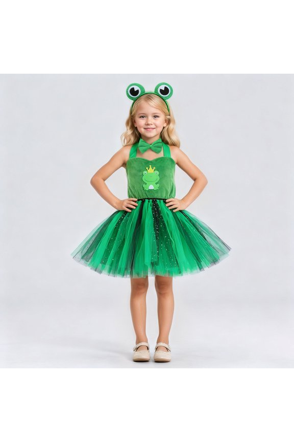 Girls Tutu Dress Set Green Outfits Halter Sweetheart Neck Sleeveless Animal Appliques Tulle Bell Dresses With Headband Suits For Kids Childrens Dress Up Outfits,Green,3-4 Years