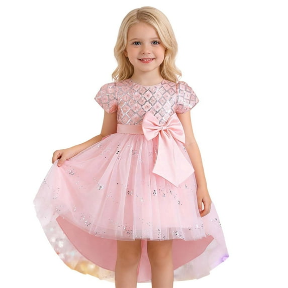 CUZIBR Girls Tutu Sequins Dress Cap Sleeve Solid Color Glitter High Waist Tulle Long Dresses Party Formal Elegant Wedding Birthday Gowns,Pink,5-6 Years