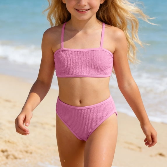 CUZIBR Girls Two Piece Swimsuits Solid Color Ribbed Adjustable Strap High Waist Bikini Set Summer Beach Pool Comfortable Playwear Beachwear Breathable Bathing Suits,Pink,10-11 Years