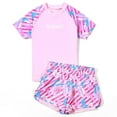 thumbnail image 1 of CUZIBR Girls Two Piece Swimwear Set Floral Print Color Block Short Sleeve Crewneck Top Shirts And Shorts Summer Beach Pool Outfits Rashguard Bathing Suit Rash Guard Clothes Set,Pink,8-9 Years, 1 of 4